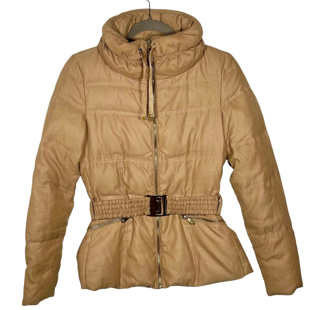 Zara Woman Beige Camel Down Belted Puffer Jacket Coat Size XS